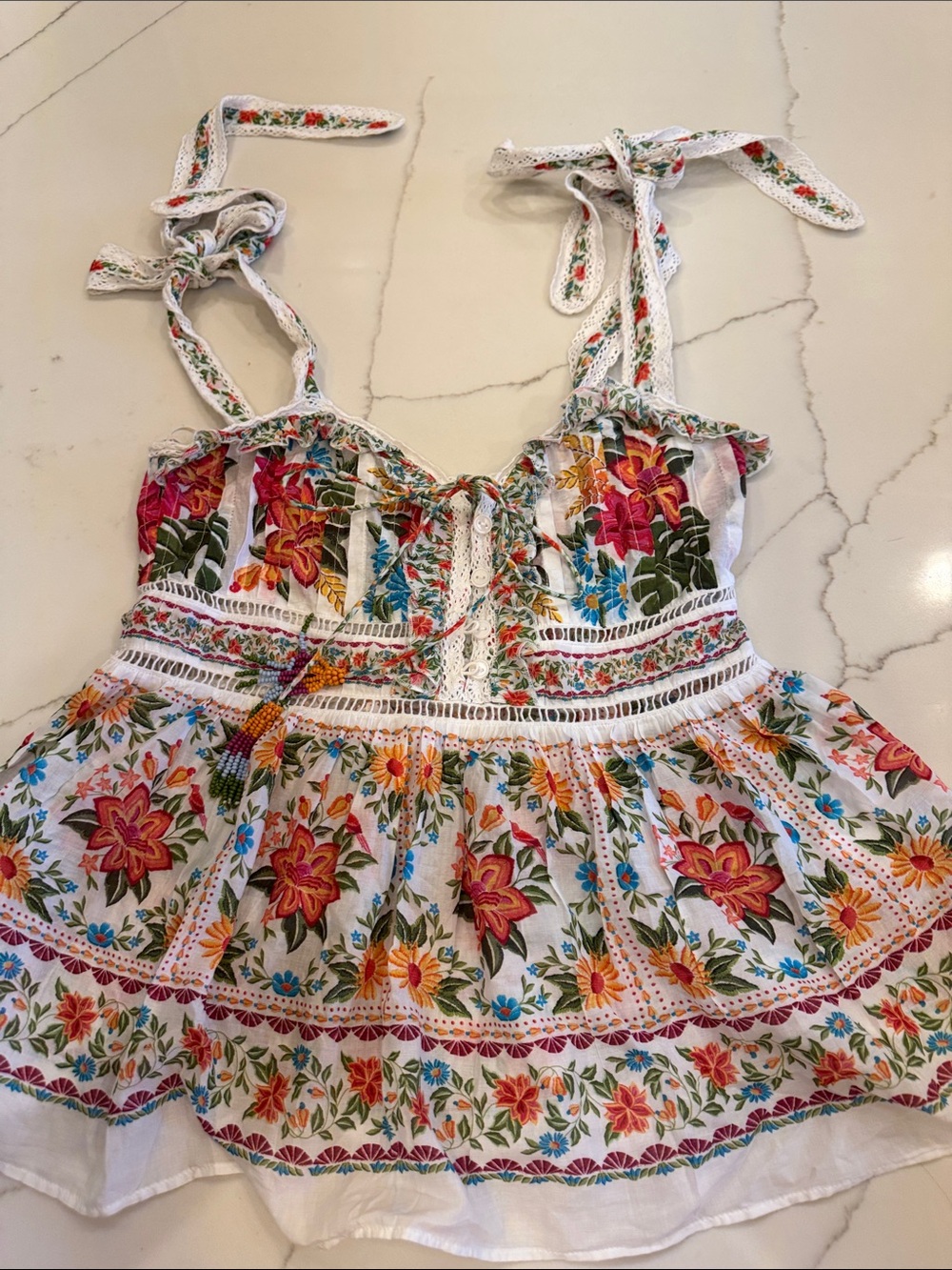 FARM Rio White Floral Tie-Shoulder Peplum Camisole